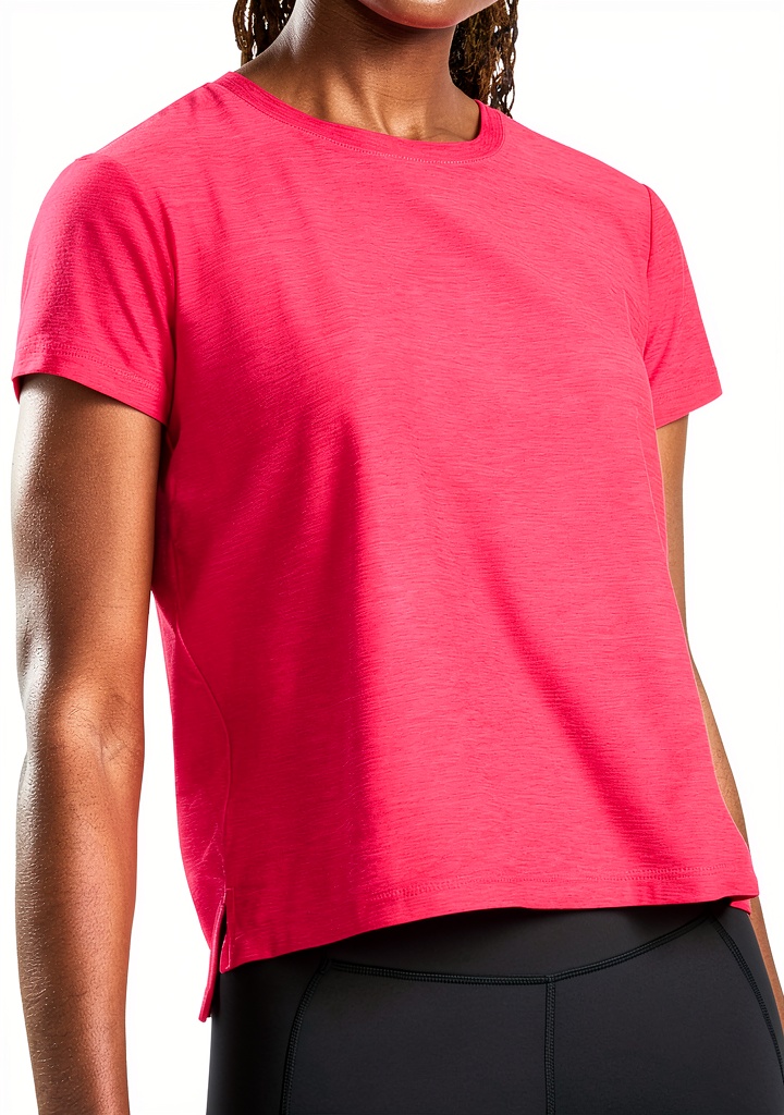 Reebok womens t-shirt in Love Potion Heather color on a model during a workout