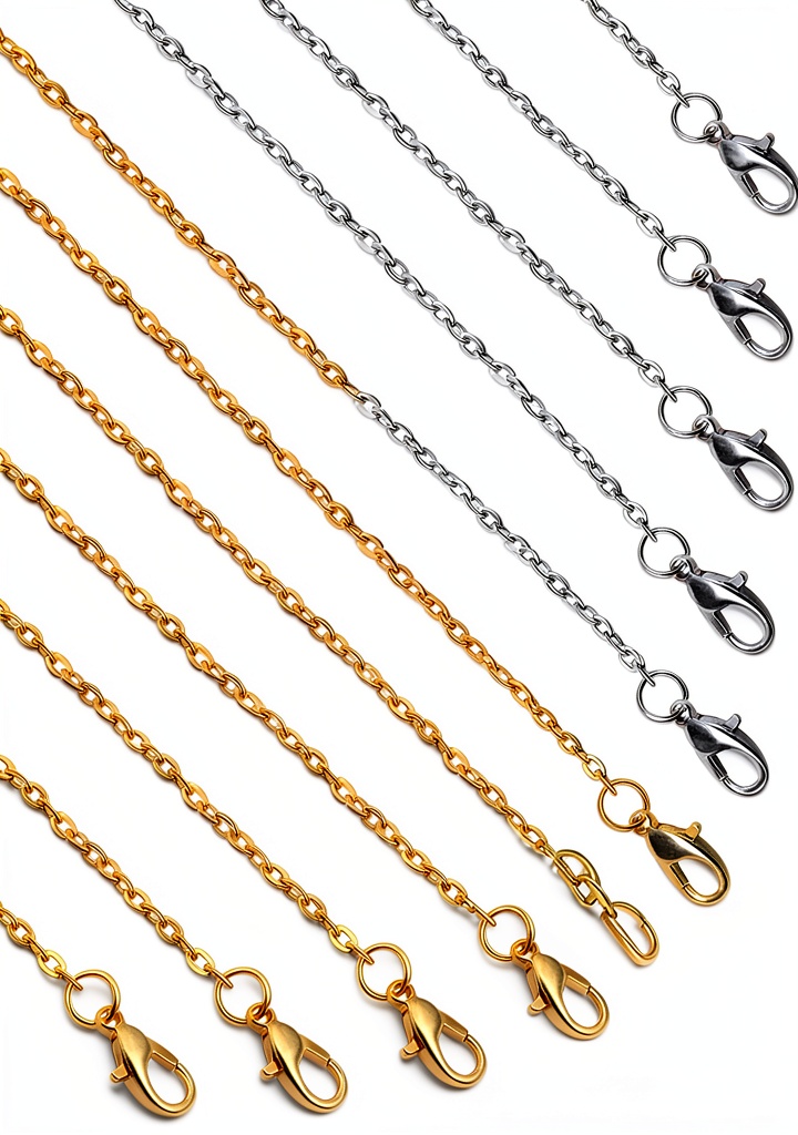 Lemonkey gold and silver necklace chains with lobster clasps displayed on a crafting table
