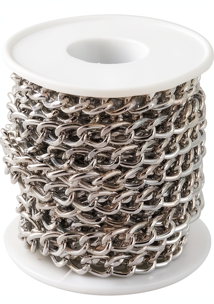 Close-up of aluminum twisted cable chain showing silver finish and link details