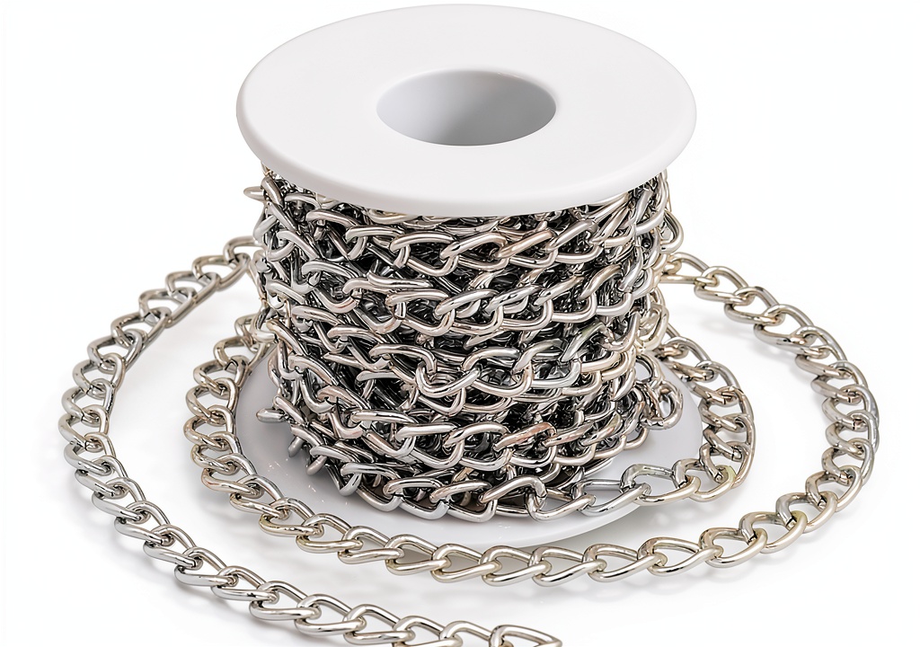 'PH PandaHall silver aluminum chain displayed on a crafting table'